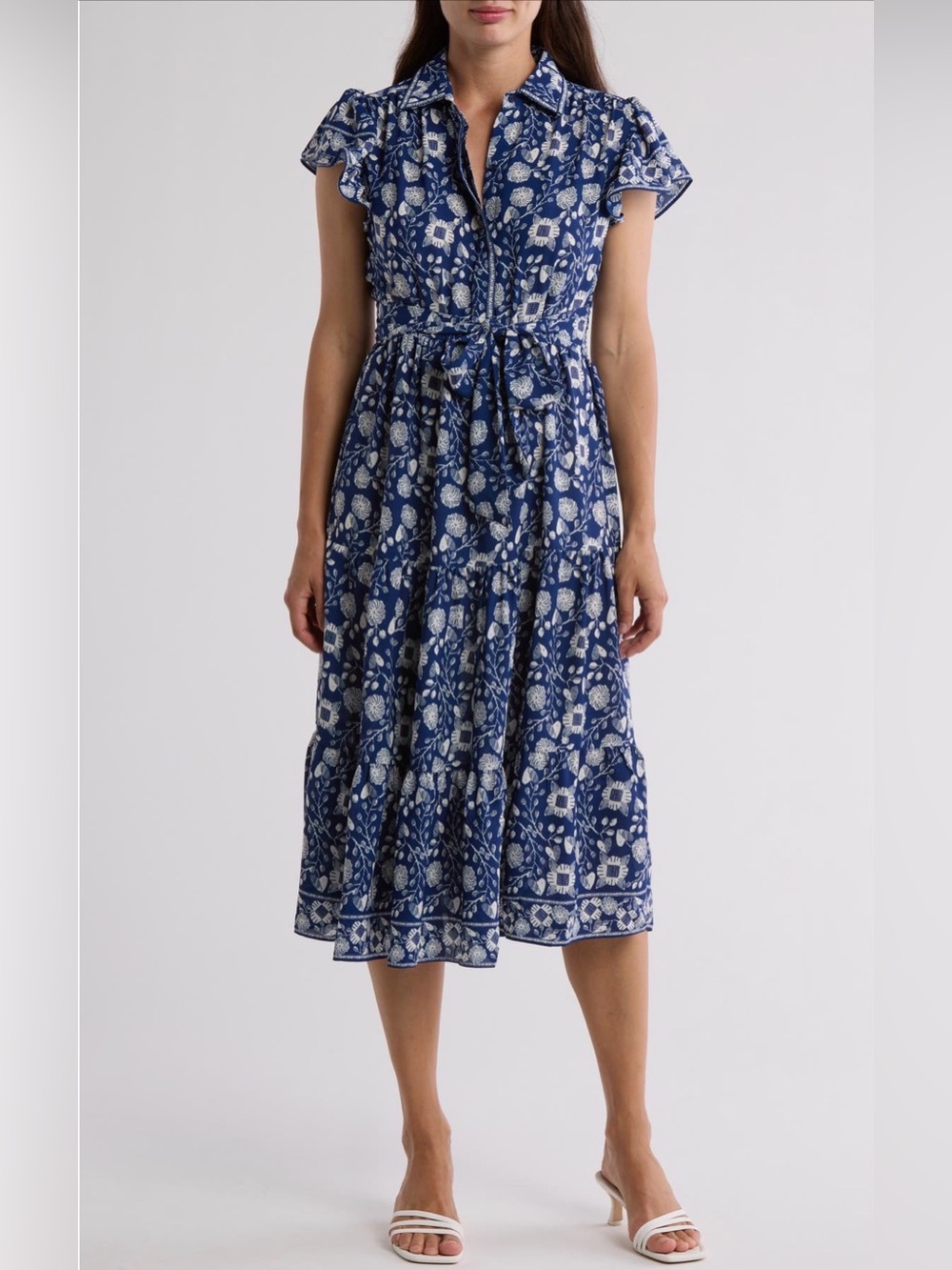 Max Studio Navy and White Floral Button-Front Midi Dress